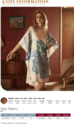 Vista 6 de 100% seda de morera pura diseño de murciélago 2 en 1, un exquisito vestido de túnica camisón lujoso, tamaño libre con gran tamaño también