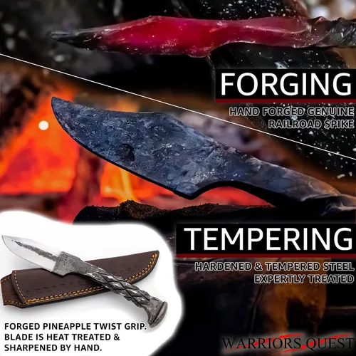 Vista 7 de WARRIORS QUEST™ - SideWinder Railroad Spike Knife - Cuchillo de acero al carbono forjado a mano y tratado térmicamente con funda de cuero de primera