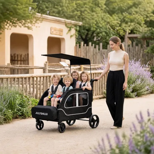 Vista 2 de Cochecito grande de 4 plazas, 2, 3, niños pequeños, color negro Car Shaped, Foldable, All Terrain, Removable Canopy, 5 Point Harness, Travel