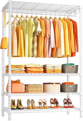 Vista 14 de Ulif H2 - Perchero resistente para ropa de 4 niveles independiente, estante para colgar ropa con estantes y perchas, organizador de clóset y sistema