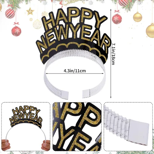 Vista 3 de obmwang 36 piezas de suministros para fiesta de Año Nuevo, incluyendo lentes de feliz año nuevo diadema y fabricantes de ruido metálico con flecos