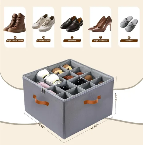 Vista 2 de Organizador de zapatos para armario, se adapta a hasta 16 pares de almacenamiento de zapatos, contenedores plegables transparentes para zapatos, Gris