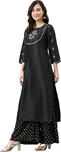 Vista 4 de Janasya Kurta de seda negra de poli para mujer india