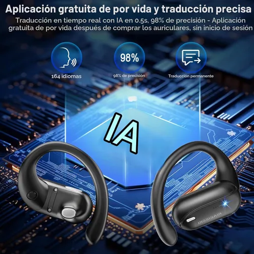Vista 2 de Auriculares de Traducción AI en Tiempo Real – Auriculares Traductor de 164 Idiomas, Auriculares Bluetooth Inalámbricos 4-en-1 con Audifonos negro