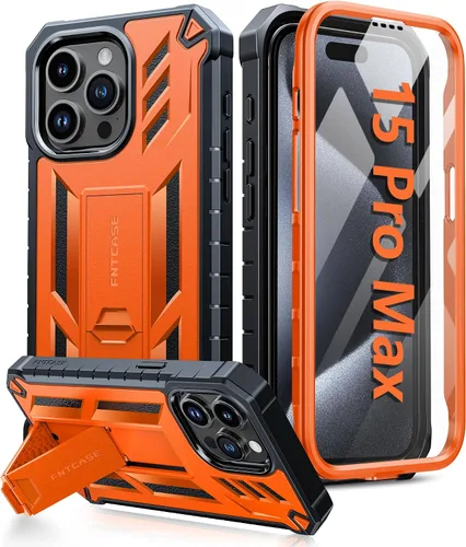 Vista 10 de FNTCASE Funda para iPhone 15-Pro-Max: Cubierta protectora resistente de grado militar a prueba de caídas para teléfono celular con soporte y Negro