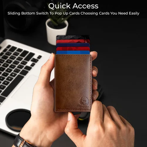 Vista 3 de STM Leaders Tarjetero delgado billetera con bloqueo RFID, cartera de cuero automática desplegable triple cartera de aluminio cartera de visita