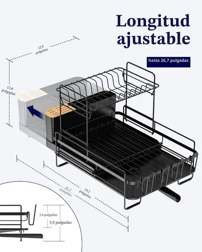 Vista 2 de Kitsure - Escurridor extensible para platos, 19.2-26.7 pulgadas de largo x 12.9 pulgadas de ancho, 2 niveles