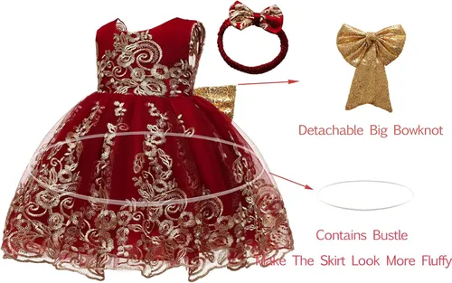 Vista 3 de 0-6T - Vestido de tutú de encaje bordado con lentejuelas y lazo grande para fiestas de bebé y niñas pequeñas con tocado