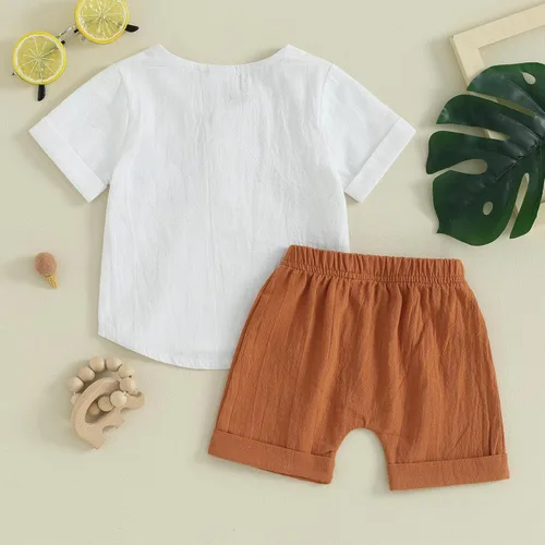 Vista 81 de Conjunto de ropa casual de manga corta con botones y pantalones cortos de lino para bebés y niños pequeños