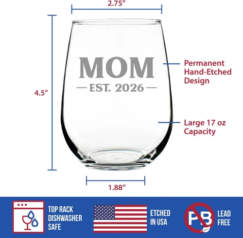Vista 4 de Bevvee Mom Est 2026 - Copa de vino sin tallo, regalo para madres primerizas, tamaño grande, 17 onzas