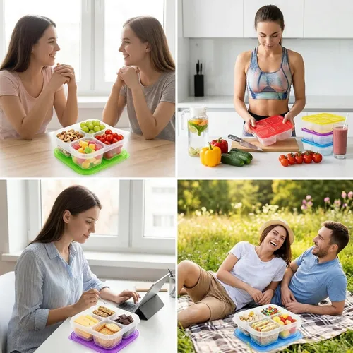Vista 7 de AVLA Paquete de 10 cajas Bento para aperitivos, contenedores reutilizables para preparación de comidas, 4 compartimentos, cajas de almuerzo Bento