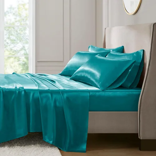 Vista 235 de Madison Park Essentials - Juego de sábanas de satén de lujo y sedoso con brillo natural, bolsillo elástico de 14 pulgadas para colchones de hasta 16
