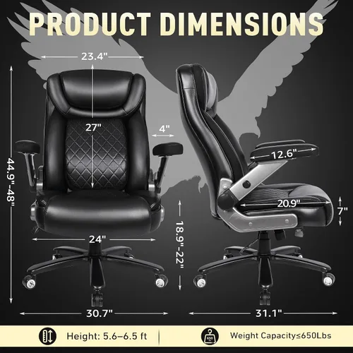 Vista 2 de Silla de oficina grande y alta de 650 libras con soporte lumbar desplegable Respaldo alto ergonómico, reposabrazos abatibles 3D, asiento