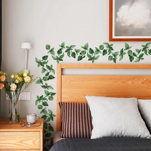 Vista 5 de Calcomanías de pared con hojas colgantes, calcomanías de pared de vid verde para dormitorio, cocina, sala de estar, TV, decoración de pared