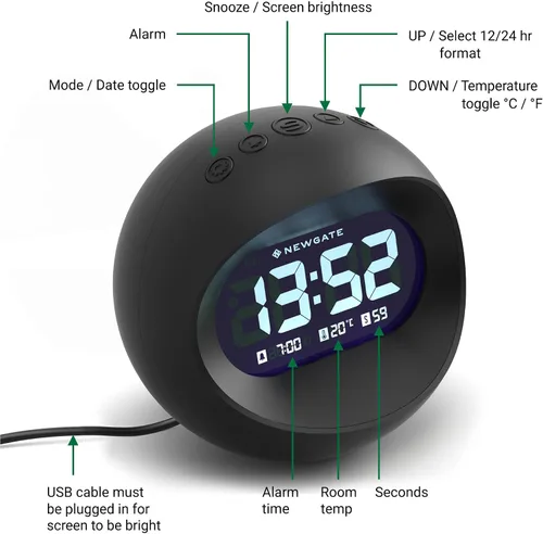 Vista 6 de NEWGATE® Reloj despertador Centre of The Earth Reloj LCD digital retro redondo Negro Ideal para mesita de noche, escritorio o estante