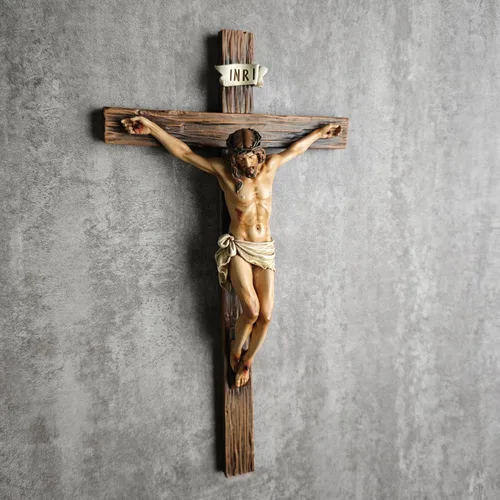 Vista 4 de Crucifijo Católico de Pared BC, Decoración Inspiracional del Hogar de Jesucristo, Regalo Religioso Devoto, 10"H, Escultura Renacentista Hecha a Mano