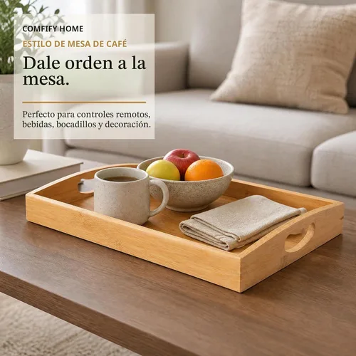 Vista 5 de Comfify Bandejas de bambú para servir, juego de 3 bandejas otomanas para alimentos, entretenimiento y decoración, diseño minimalista