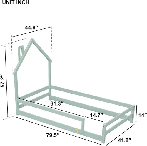 Vista 2 de Harper & Bright Designs Cama de suelo individual para niños con cabecera en forma de casa, cama de plataforma de madera tamaño individual