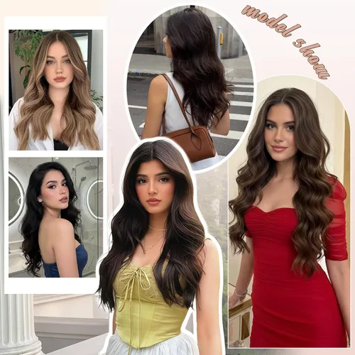Vista 5 de Extensiones de cabello con clip para mujer, mezcla negra oscura con reflejos marrón claro, 20 pulgadas, 6 piezas, extensiones de cabello largo