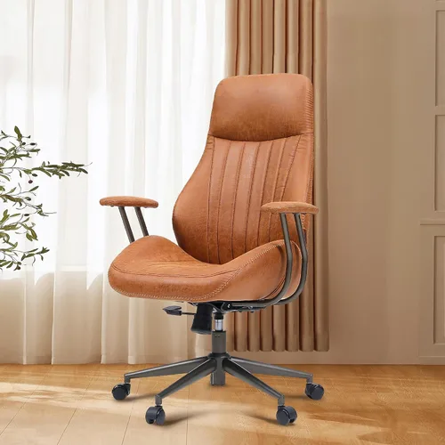 Vista 19 de Silla de oficina Mid Century Modren, silla ejecutiva giratoria con soporte lumbar, silla de escritorio ergonómica de respaldo medio con ruedas Beige