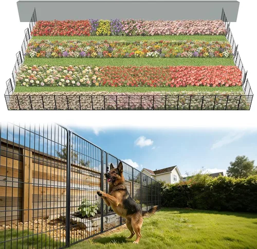 Vista 39 de FXW Valla de jardín al aire libre para el patio, 17 pulgadas de alto x 29.3 pies de largo, barrera de metal resistente para animales, para perros