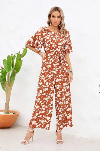 Vista 4 de Enterizo de verano estilo informal para mujer, estampado floral, hombros descubiertos y manga corta, diseño con volantes, corte holgado, cintura
