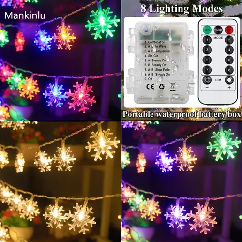 Vista 4 de Luces de Navidad con diseño de copos de nieve, 30 pies, 60 luces LED de Navidad, funciona con pilas, con control remoto para árbol de Navidad