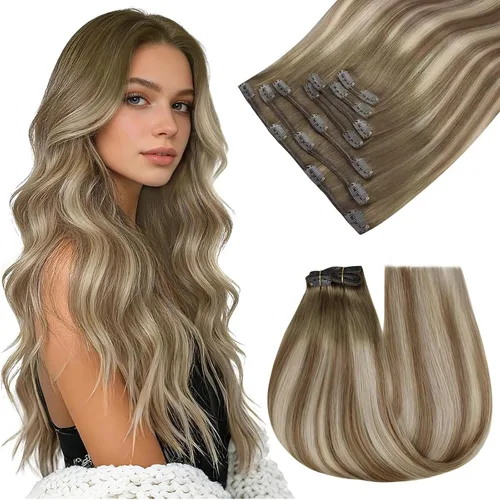 Vista 23 de Easyouth Extensiones de cabello rubio con clip, extensiones de cabello humano con clip, color rubio blanco, 7 unidades de 3.33 oz, extensiones