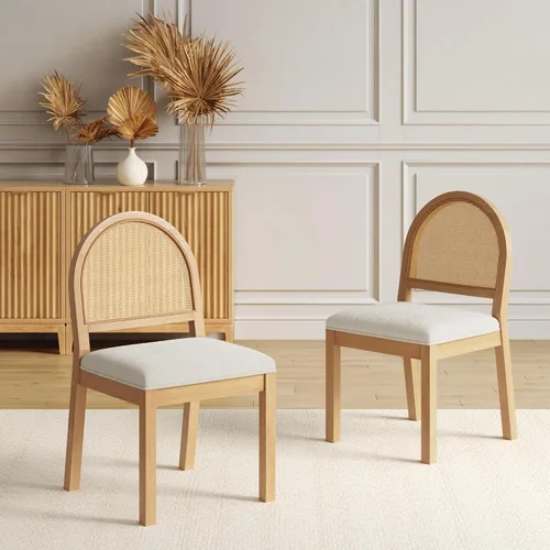 Vista 22 de Nathan James Silla de comedor Beacon Boho, silla de comedor Boucle con acento de fibra de mar y patas de madera maciza, crema Boucle/marrón claro