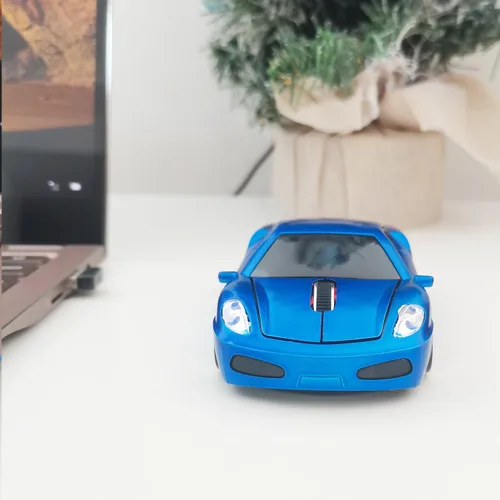 Vista 5 de Ratón inalámbrico para coche, ratón deportivo en forma de auto para computadora, laptop, PC, Mac con luz LED (azul)