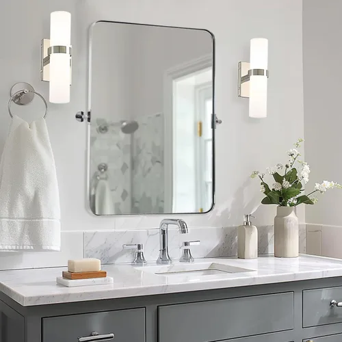 Vista 11 de Espejo giratorio Moon Mirror de oro cepillado, espejo inclinable de latón para tocador rectangular para baño, medidas totales 24.33 x 28 pulgadas