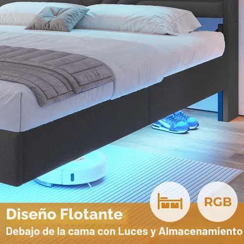 Vista 8 de HAUOMS - Base de cama flotante LED tamaño matrimonial con cabecera de almacenamiento, color gris oscuro Upholstered Full Platform Bed Frame with