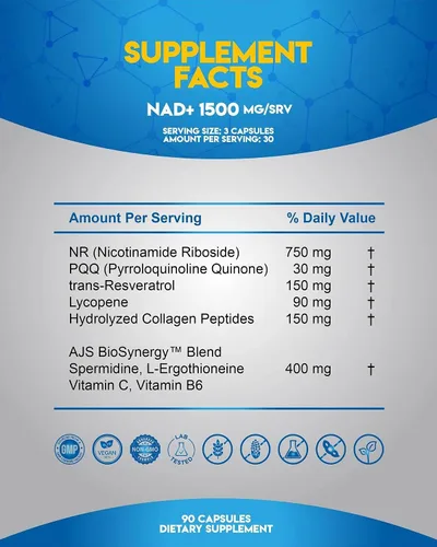 Vista 5 de AJS NAD+ Cellular Energy - Suplemento NR con PQQ, resveratrol, licopeno, espermidina, L-ergotioneína y péptidos de colágeno, 90 cápsulas para apoyo