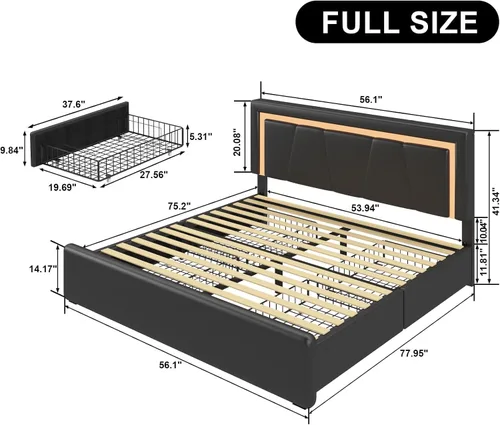 Vista 2 de Benevika Estructura de cama completa con 4 cajones de almacenamiento y cabecera ajustable, cama de plataforma tapizada con luces LED y puertos USB