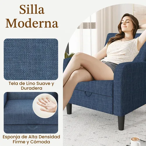 Vista 5 de DAGONHIL Silla de Acento para Sala de Estar, Silla Tapizada de Lectura para Dormitorio, Sillón de Tela de Lino, Sofá Individual para Sala de Azul