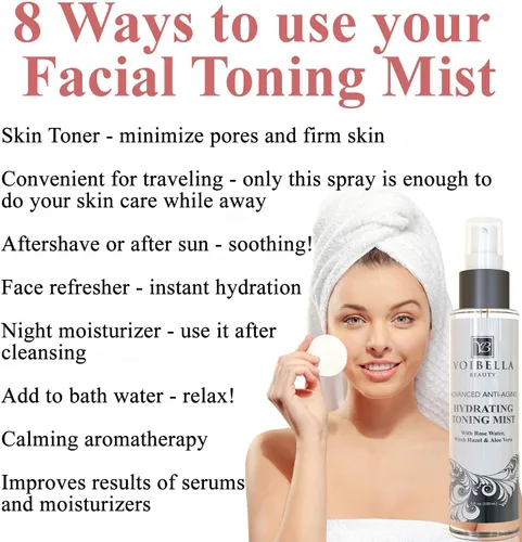 Vista 5 de Tónico hidratante orgánico para la cara antienvejecimiento, agua de rosas, hamamelis y aloe vera tonificante facial para mujeres. Spray de agua