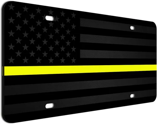 Vista 33 de JASS GRAPHIX Placa de matrícula personalizada con la bandera estadounidense de línea amarilla, homenaje personalizado a despachadores y operadores