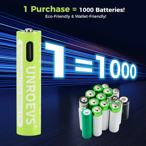 Vista 5 de UNROEVS Baterías recargables AAA USB-C, 1.5 V 1200 mWh, batería de litio AAA recargable triple A, larga duración, carga rápida para linternas