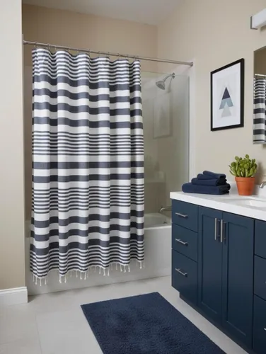 Vista 17 de Serafina Home Cortina de ducha de tela blanca y negra a rayas náuticas: hotel de lujo 100% algodón con tejido decorativo detallado para baño 70 "x