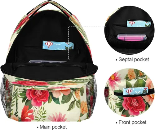 Vista 7 de Mochila escolar floral vintage, bolsa atlética para laptop para estudiantes, mochila con bolsillos laterales para viajes, senderismo, campamento