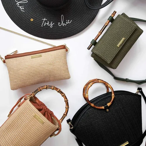 Vista 3 de KATIE LOXTON Mango de bambú para mujer, tamaño mediano, con pajilla, convertible, con asa superior, color verde caqui, Caqui Verde