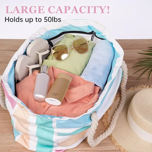 Vista 3 de Elegante bolsa de playa impermeable para mujer, cierre de cremallera de gran capacidad con correas de hombro de cuerda