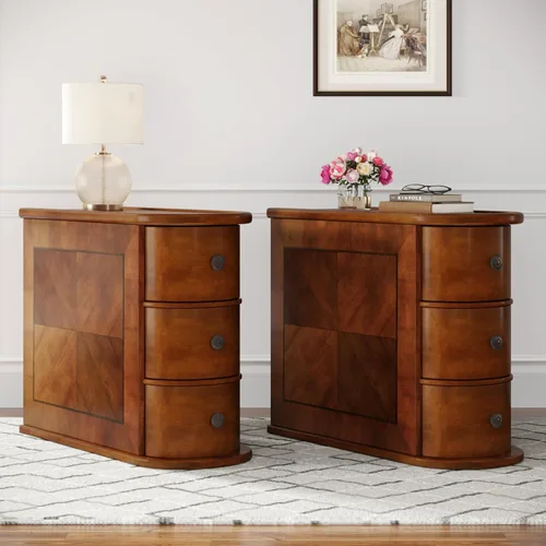 Vista 9 de Mesa auxiliar de madera con 2 cajones, no requiere montaje, mesa auxiliar estrecha para sofá para sala de estar, mesita de noche delgada vintage