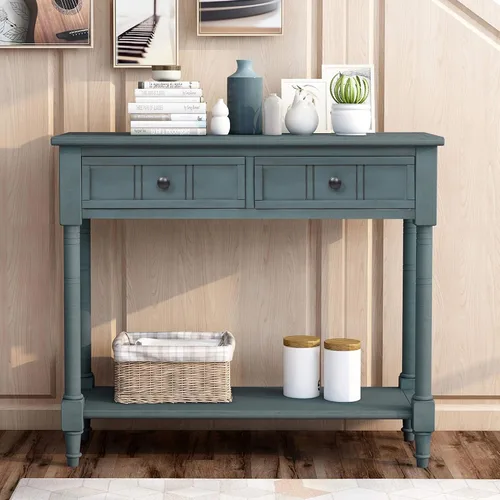 Vista 3 de P PURLOVE Mesa de sofá con cajones, mesa de entrada, mesa de consola de madera con dos cajones de almacenamiento y parte inferior para sala de estar