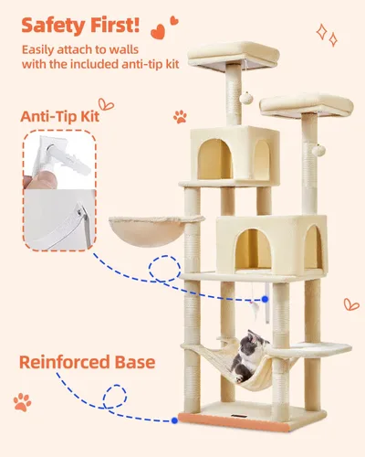 Vista 7 de Taoqimiao Árbol para gatos, torre para gatos de 66.2 pulgadas para gatos de interior, condominio para gatos de varios niveles de felpa con 7 postes