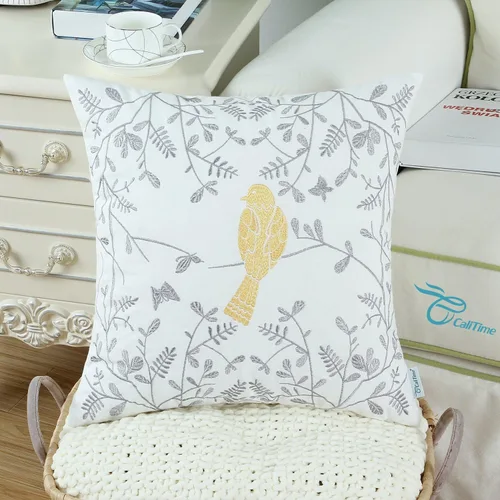 Vista 3 de CaliTime - Paquete de 2 fundas de cojinete de algodón para el sofá, sofá cama, color gris bordado con un lindo pájaro., Algodón, Dorado, 18 x 18