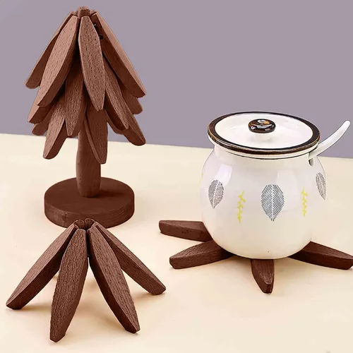 Vista 3 de Juego de Posavasos de Copa de Madera, Juego de Salvamanteles en Forma de Árbol, Posavasos de Árbol - 4 Salvamanteles de Madera + 1 Soporte