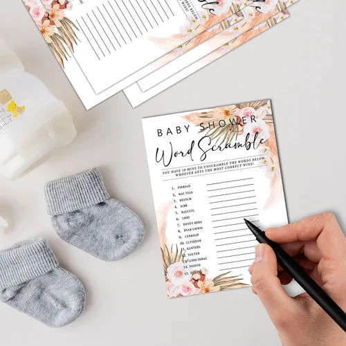 Vista 3 de 30 juegos florales bohemios para baby shower con 1 tarjeta de respuesta (5 x 7 pulgadas) – Juego de palabras – Juegos de fiesta de revelación