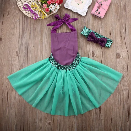 Vista 4 de Mameluco de lentejuelas para bebé niña vestido de sirena disfraz de fiesta recién nacida body brillante con diadema