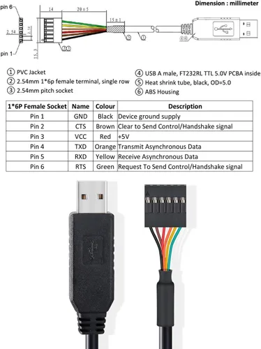Vista 3 de DTECH Cable adaptador USB a TTL serie de 5 V con chip FTDI FT232RL de 6 pines de 0.1 pulgadas de paso hembra UART IC Windows 11 10 8 7 Linux MAC